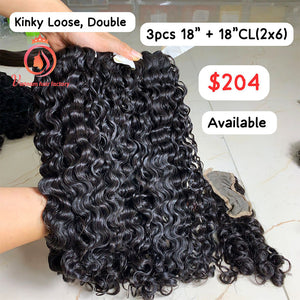 3pcs 18" and 18" 2x6 closure Kinky Loose Curly Double drawn